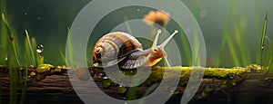 a snail making its slow journey across wet grass following a night of rain. Express the scene in a minimalist and modern