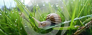 a snail making its slow journey across wet grass following a night of rain. Express the scene in a minimalist and modern