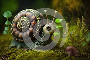 Snail on a mossy forest floor