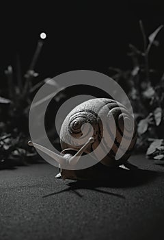 A snail moves slowly in the dark, its shell shining in monochrome photography