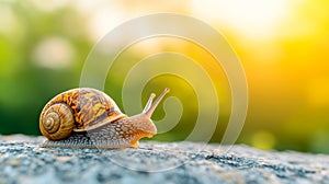 Snail moving slowly on a stone surface