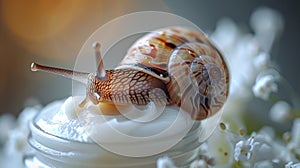 snail moving on snail mucin cream bottle, beauty concept on white backdrop photo