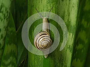 Snail moving up on green leaf background. Motivation concept