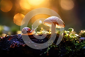 Snail on a mushroom in the forest at sunset. Shallow depth of field