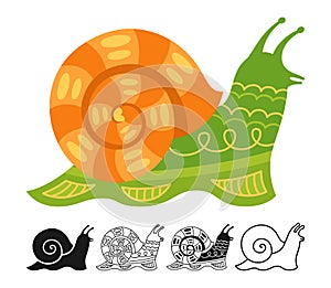 Snail ornament cartoon set abstract mollusk silhouette shape symbol doodle vector kid graphic design