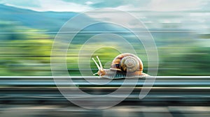 Snail racing on highspeed bullet train, humorously outpacing the train itself, against motion blurred landscape photo