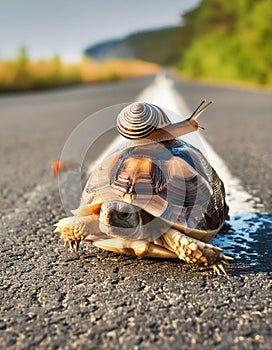 A snail riding on a turtle on a road