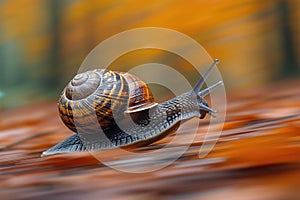 A snail running at high speed with motion blur. Background with selective focus and copy space.Generative AI