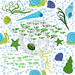 Snail, sea inhabitants seamless pattern, beautiful character among seashells, seaweed, starfish, sea animals of wildlife