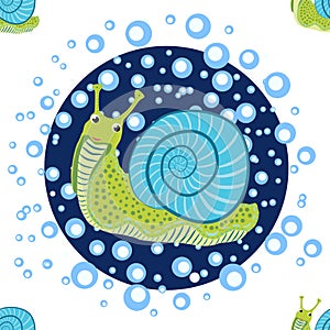 Snail, sea inhabitants seamless pattern, beautiful character among seashells, seaweed, starfish, sea animals of wildlife