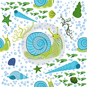 Snail, sea inhabitants seamless pattern, beautiful character among seashells, seaweed, starfish, sea animals of wildlife