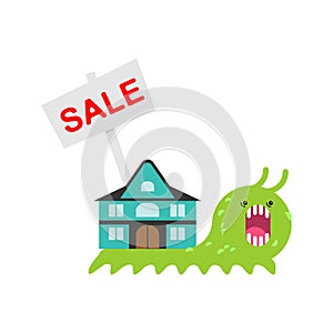 Snail selling house. Slug Home sale. Vector illustration