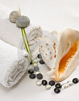 Beside a snail shell clear towels,shining pebbles