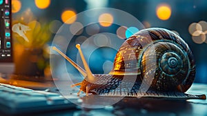 A snail sitting on a computer keyboard
