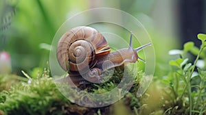 A snail is sitting on top of a moss covered plant, AI