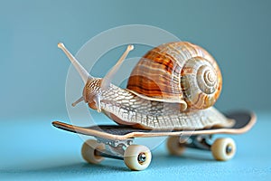 A snail on a skateboard rolls on a blue surface with tiny wheels