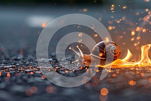 Snail speedster: photomanipulation with fiery tracks, racing like a car