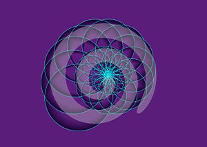 Snail spiral logo. Sea shell of blue circles. Sacred geometry logo template. Logarithmic sequences. Fibonacci spiral logo design.