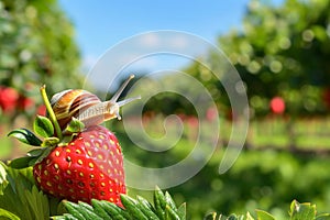 snail on a strawberry with softfocus fruit orchard in the background