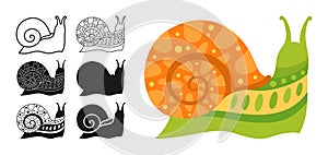 Snail trendy cartoon ornament abstract set mollusk doodle linear ornate symbol detailed vector design