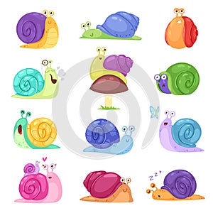 Snail vector snail-shaped character with shell and cartoon snailfish or snail-like mollusk kids illustration set of