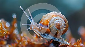 A snail is walking on top of some grass