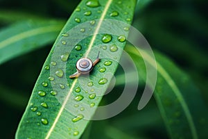 a snail with water drops on ficus leaves