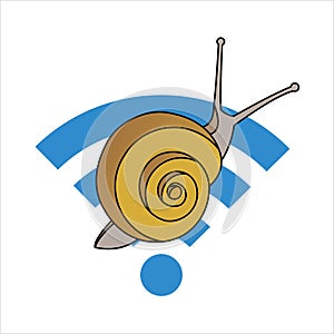 Snail On The Wi-Fi Sign. Slow Internet Speed. Symbol of Slowness. Modern flat Vector illustration.