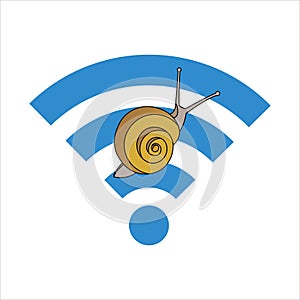Snail On The Wi-Fi Sign. Slow Internet Speed. Symbol of Slowness. Modern flat Vector illustration on.