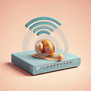 A a snail on wifi router on solid background, concept bad internet. ai generative