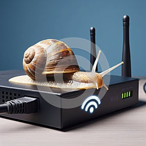 A a snail on wifi router on solid background, concept bad internet. ai generative