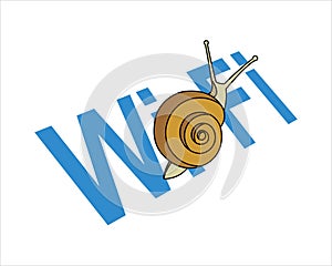 Snail On The Word Wi-Fi. Slow Internet Speed. Symbol of Slowness. Modern flat Vector illustration.
