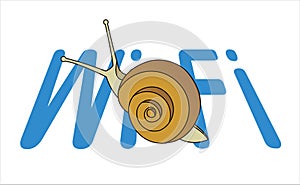Snail On The Word Wi-Fi. Slow Internet Speed. Symbol of Slowness. Modern flat Vector illustration