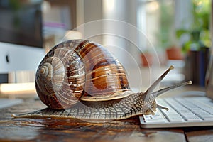 Snail working on laptop computer, concept of slow internet or work