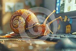 Snail working on laptop computer, concept of slow internet or work