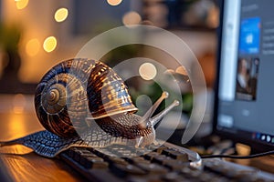 Snail working on laptop computer, concept of slow internet or work