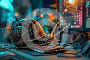 Snail working on laptop computer, concept of slow internet or work