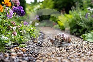 Snails as garden pests crawling on plants and paths, causing damage to vegetation. photo