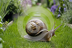 Snails as garden pests crawling on plants and paths, causing damage to vegetation. photo