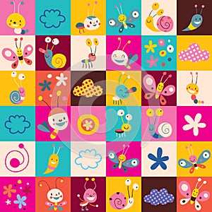 Snails, butterflies, bugs, flowers kids pattern
