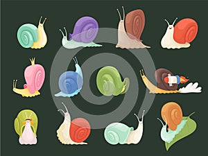 Snails characters. Cartoon insects with spiral house shell slug slime vector illustrations