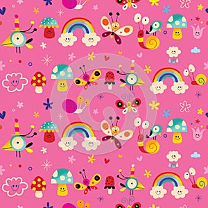 Snails, flowers, mushrooms, rainbows cute characters nature seamless pattern