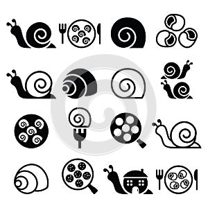 Snails, French snail meal - escargot icons set