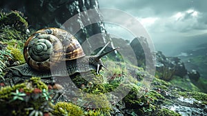A snails journey across a mossy landscape