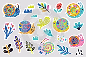 Snails and leaves sticker collection in childish style