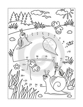 Snails and mushroom join the dots puzzle and coloring page