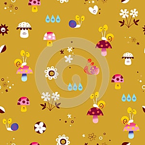 Snails mushrooms flowers characters nature seamless pattern