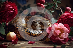 Snake with apple and flowers.