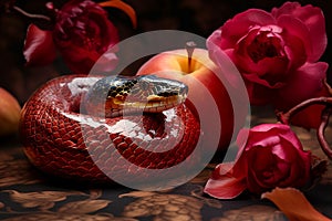 Snake with apple and flowers. Generative AI