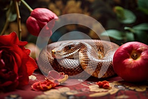Snake with apple and flowers. Generative AI